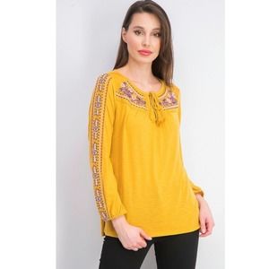 Style & Co Embroidered Tie Neck Top Golden Spruce Medium
